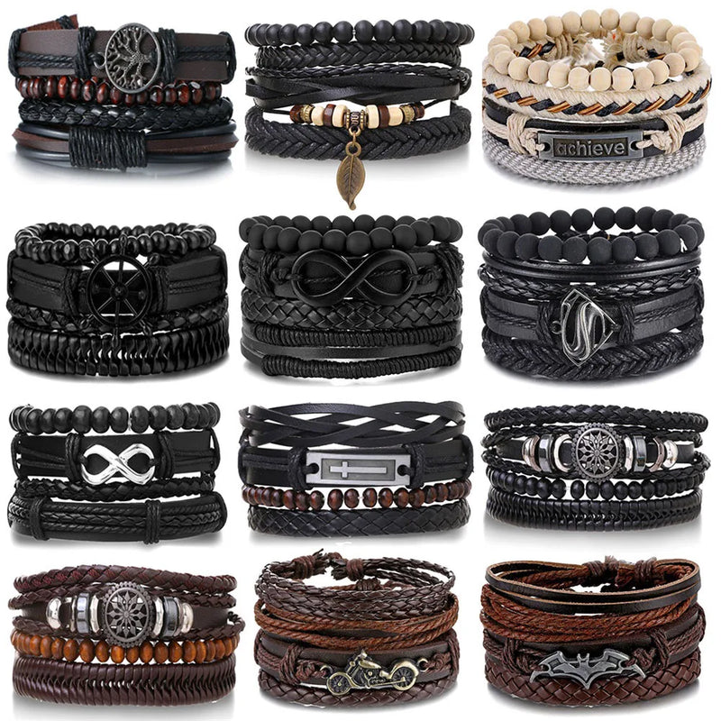 Pulseira de couro para homens, símbolo infinito, árvore da vida, guitarra, contas de madeira, pulseiras masculinas, pulseira vintage