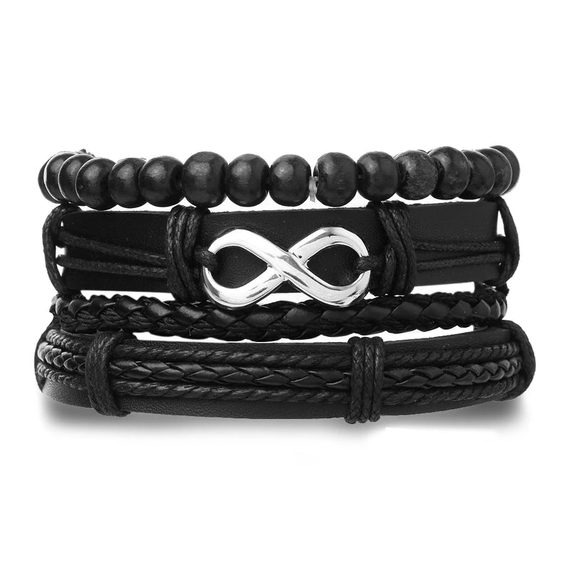 Pulseira de couro para homens, símbolo infinito, árvore da vida, guitarra, contas de madeira, pulseiras masculinas, pulseira vintage